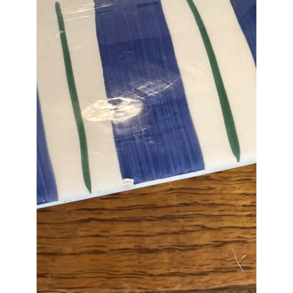 Pfaltzgraff Square Serving Platter‎ Blue Green Striped White Ceramic 16 Inch